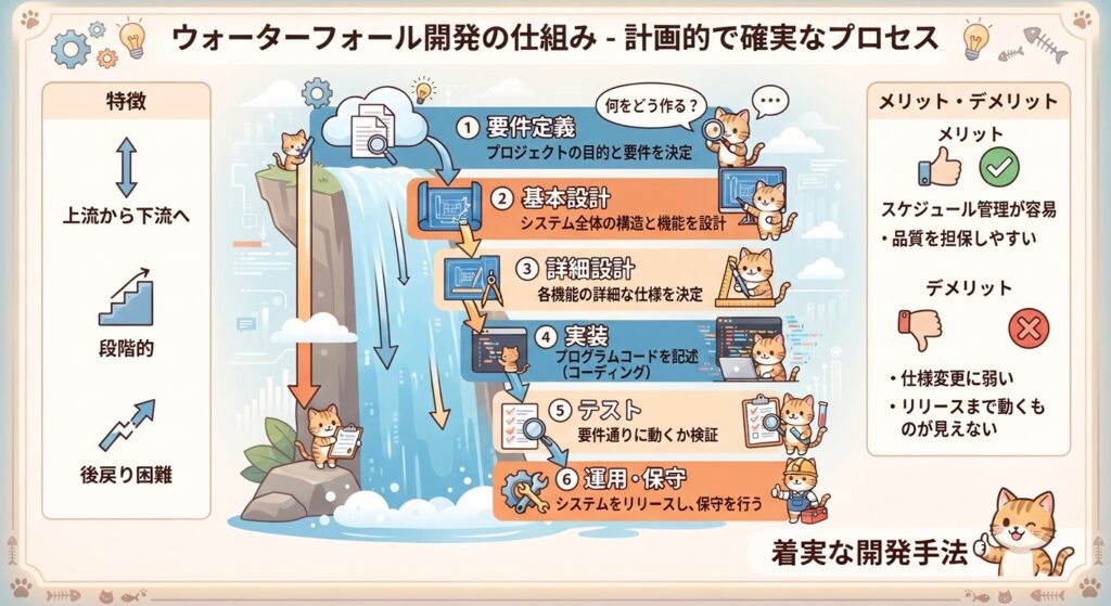 ウォーターフォール開発図解